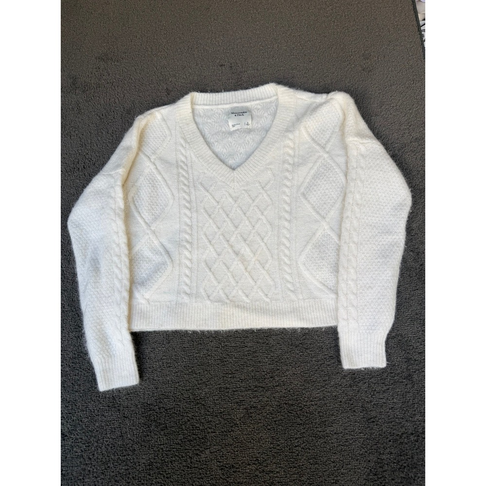Abercrombie & Fitch Cream White Cable Knit V-Neck Cropped Sweater Small
